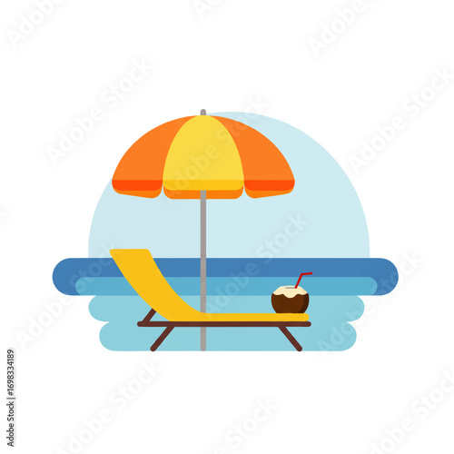 Illustration of a beach scene featuring a lounge chair, umbrella, coconut drink, and ocean waves.