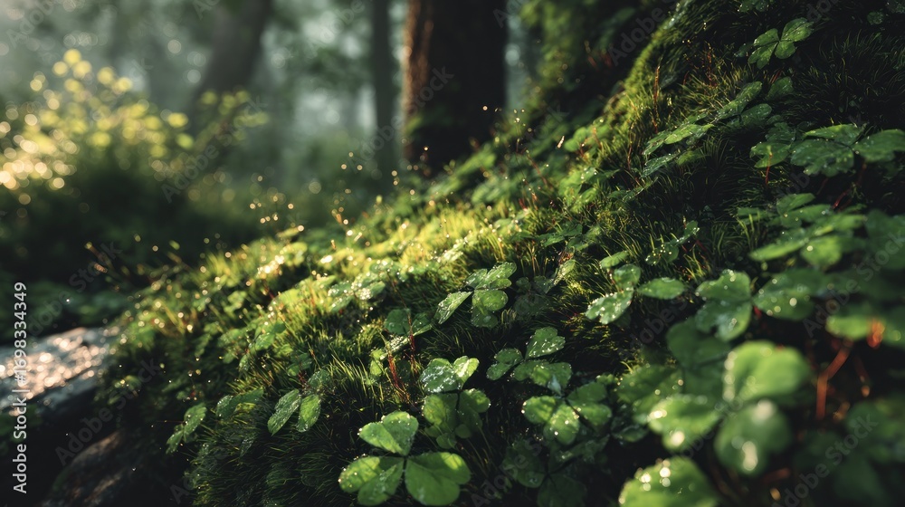 Fototapeta premium Forest floor dappled with dew drops