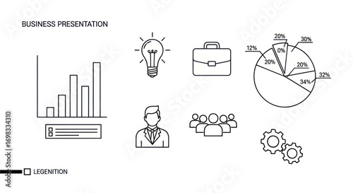 Business Presentation Icons: Bar Chart Lightbulb Briefcase Pie Chart People Gears.