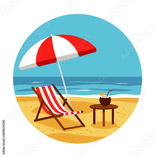 Beach scene illustration with a red and white striped umbrella, lounge chair, and a coconut drink on a small table, set against a blue ocean backdrop.