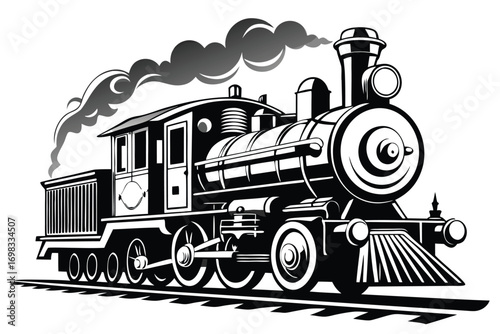Vintage steam locomotive train black and white illustration retro railroad transportation