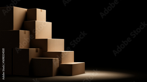 Stacked cardboard boxes in dark space with soft lighting  