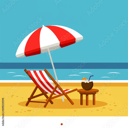 A vibrant illustration depicts a beach scene with a striped beach chair under a red and white umbrella, accompanied by a coconut drink on a small table.