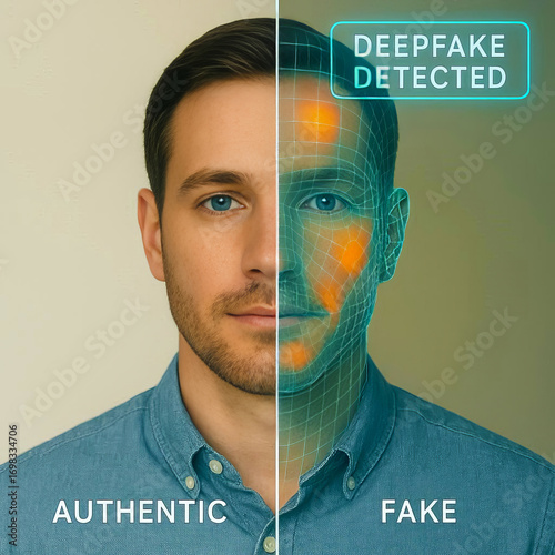 Deepfake Detection Concept, Authentic vs Fake Portrait
