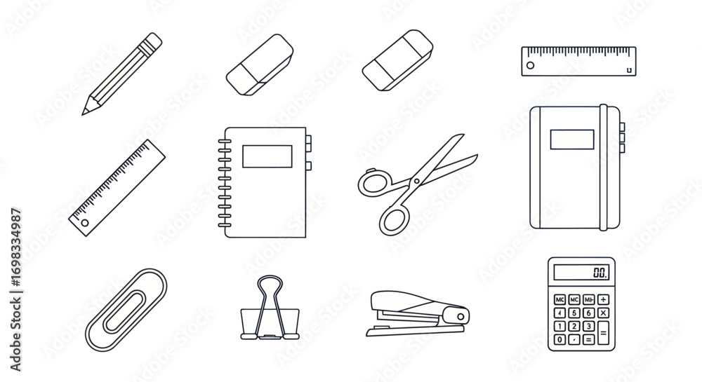 Obraz premium Collection of essential stationery items for drawing writing and organizing.