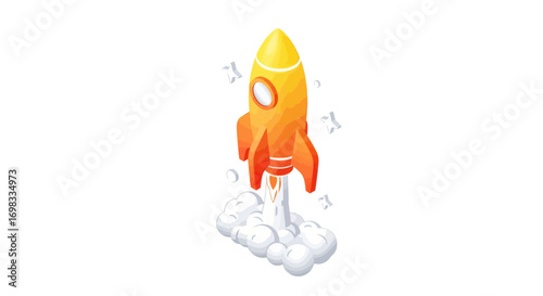 A vibrant yellow and orange cartoon rocket ship launching with a cloud of smoke.