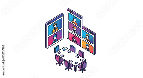 Isometric illustration of a hybrid meeting room with a virtual conference call on large screens.