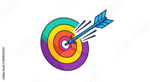 Colorful Target Board with Arrow Hitting the Bullseye.