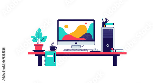 Modern Desk Setup with Computer Plant and Books.