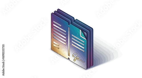 Signed legal contract or agreement document with a vibrant gradient shown in an isometric view.