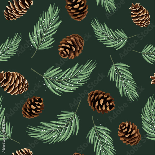 Christmas Seamless Pattern With Pine Cones And Pine Branches Cartoon Style Pattern. Vector
