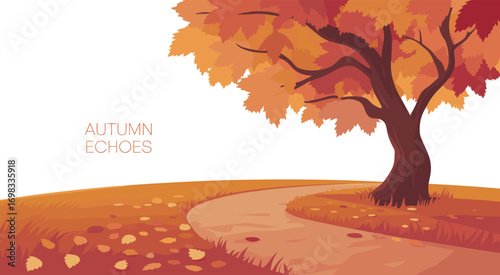 Autumn landscape illustration with colorful fall tree, curved walking path, orange leaves, seasonal background design for posters and greeting cards
