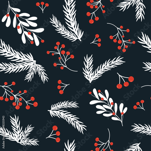 Seamless Pattern With A Winter Print Of Spruce Branches, Red Berries, on a dark background. Vector Flat Design for postcards, gift paper, packaging, posters, textiles