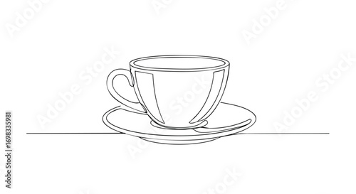 Elegant single line drawing of a coffee cup and saucer for minimalist decor or cafe branding designs