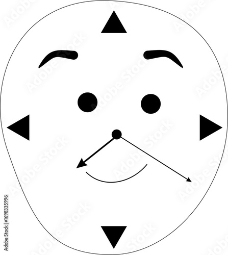A whimsical black and white illustration of an anthropomorphic clock with a smiling human face, using triangles for numerals.