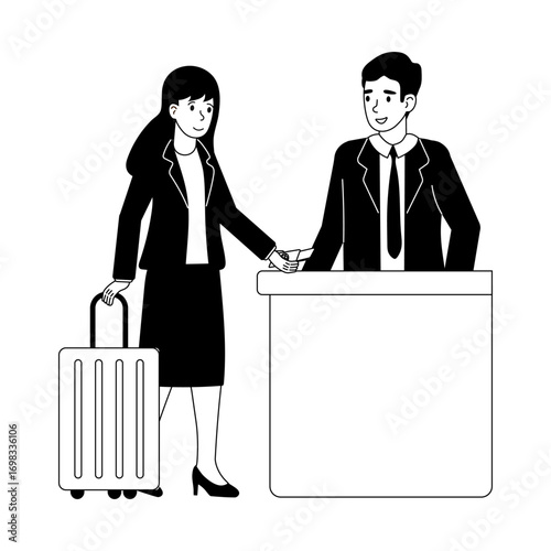 Business travelers check in at hotel reception with luggage during daytime in a professional setting