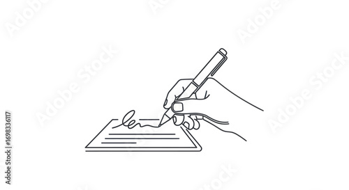 Line Drawing of Hand Signing Document with Pen.