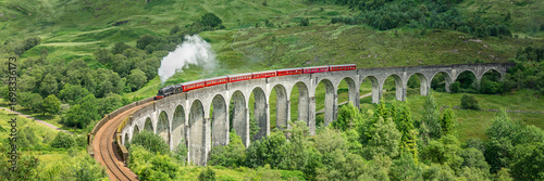 The Jacobite steam train on Glenfinnan viaduct in North West Highlands, Scotland, UK