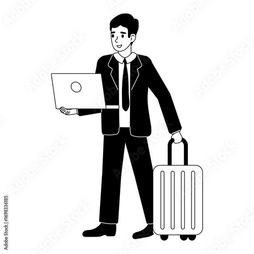 Business traveler with laptop and suitcase prepares for departure at airport during daytime