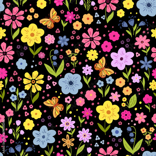 Amazing seamless floral pattern with colorful flowers, leaves and butterfly on a black background.