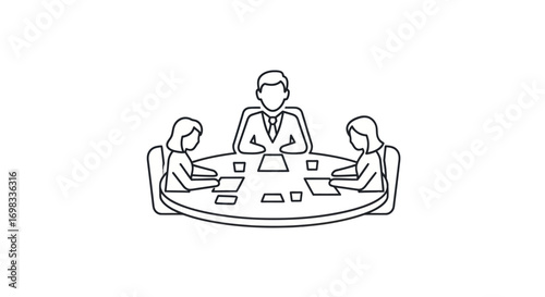 Line Art Illustration of Business Meeting Around Table.