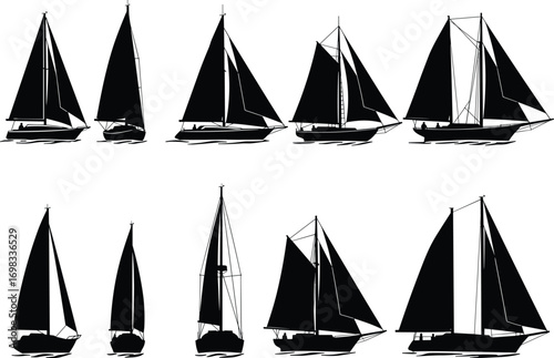Set of sailing boat silhouettes, vector sailboats collection, nautical transport illustrations, black sail shapes, maritime vessel icons, ocean design