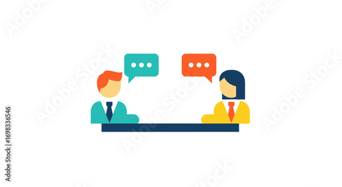 Two People Communicating with Speech Bubbles in a Meeting.