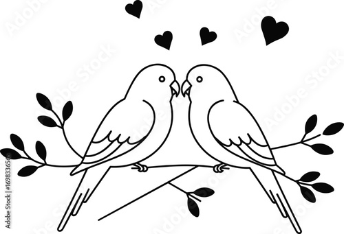 Romantic love birds sitting on tree branch with leaves and hearts, beautiful valentine couple parrot illustration, black silhouette vector