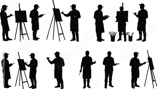 Silhouettes of artists painting on canvas, male and female painter figures, easel drawing, creative studio scene, art class design