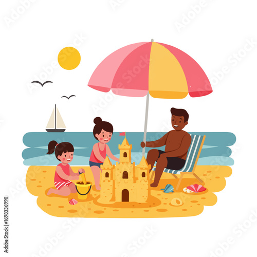 A family enjoys a sunny day at the beach, building a sandcastle under a colorful umbrella.