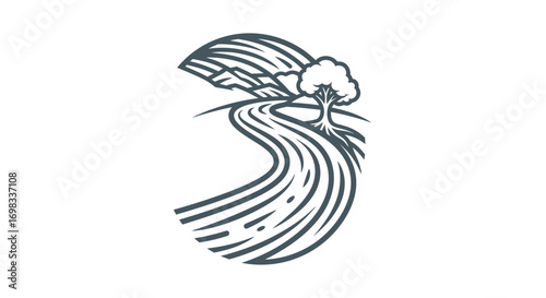 Winding river path through rolling hills landscape sketch.