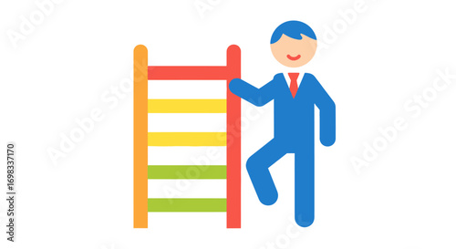 Stylized cartoon man in blue suit climbing a vibrant multi-colored ladder.