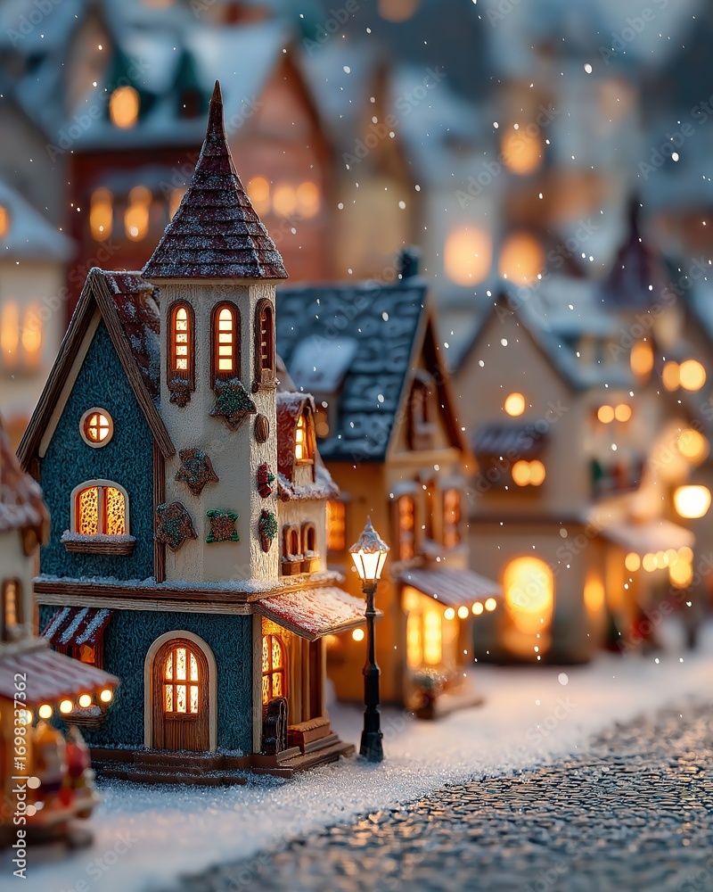 Fototapeta premium Cozy Miniature Christmas Village: Illuminated Houses Snowy Street Warm Lights Winter Wonderland Scene