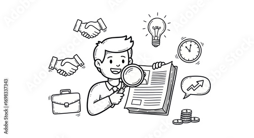 Cartoon Businessman Examining Documents with Magnifying Glass.