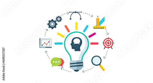 Creative Idea Lightbulb with Brain and Business Icons.