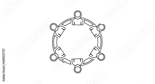 Stylized illustration of six people sitting around a circular table.