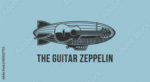 Creative logo design of a guitar integrated into a zeppelin airship.