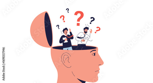 Two confused people inside an open head with question marks floating above them representing a complex problem or difficult decision making process