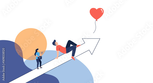 Illustration of people climbing an upward arrow towards a red heart balloon representing aspiration and achievement