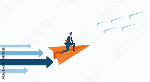Businessman riding on a paper airplane symbolizing innovation and forward thinking in business growth and strategic planning