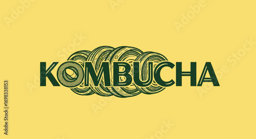 Creative Kombucha typography with a SCOBY mushroom graphic element.