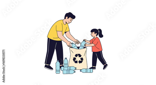 Father and daughter actively participate in recycling activities together promoting environmental awareness and sustainability