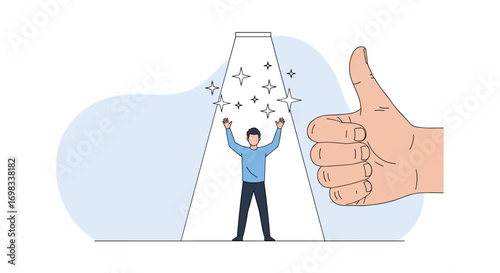 Celebrating achievement and positive recognition a person stands triumphant under a spotlight with a giant thumb giving a thumbs up nearby