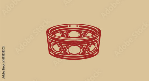 Vintage red royal crown illustration with circular patterns.