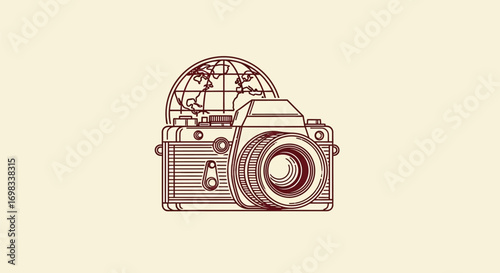 Vintage Camera and Globe Line Art Illustration for Travel.