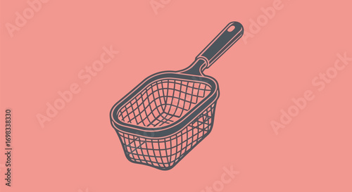 Hand drawn illustration of a deep fryer basket utensil.