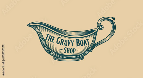 Vintage Hand Drawn Gravy Boat Shop Logo Illustration.