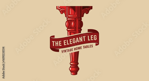 Vintage logo design featuring an elegant red carved table leg and banner.