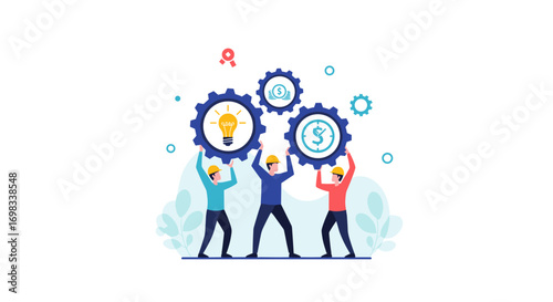 Three people collaborating together lifting up gears representing business success innovation and financial growth working as a team