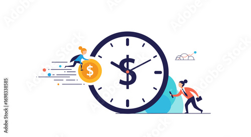 Business team working efficiently towards financial goals with a clock showing time is money concept